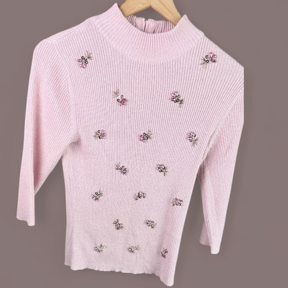 Lauren Michelle Pink Ribbed Sweater with Sequin & Beaded Sweater